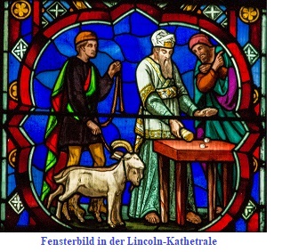 Fensterbild der Lincoln Kathetrale - Das Los wird &uuml;ber die B&ouml;cke geworfen
